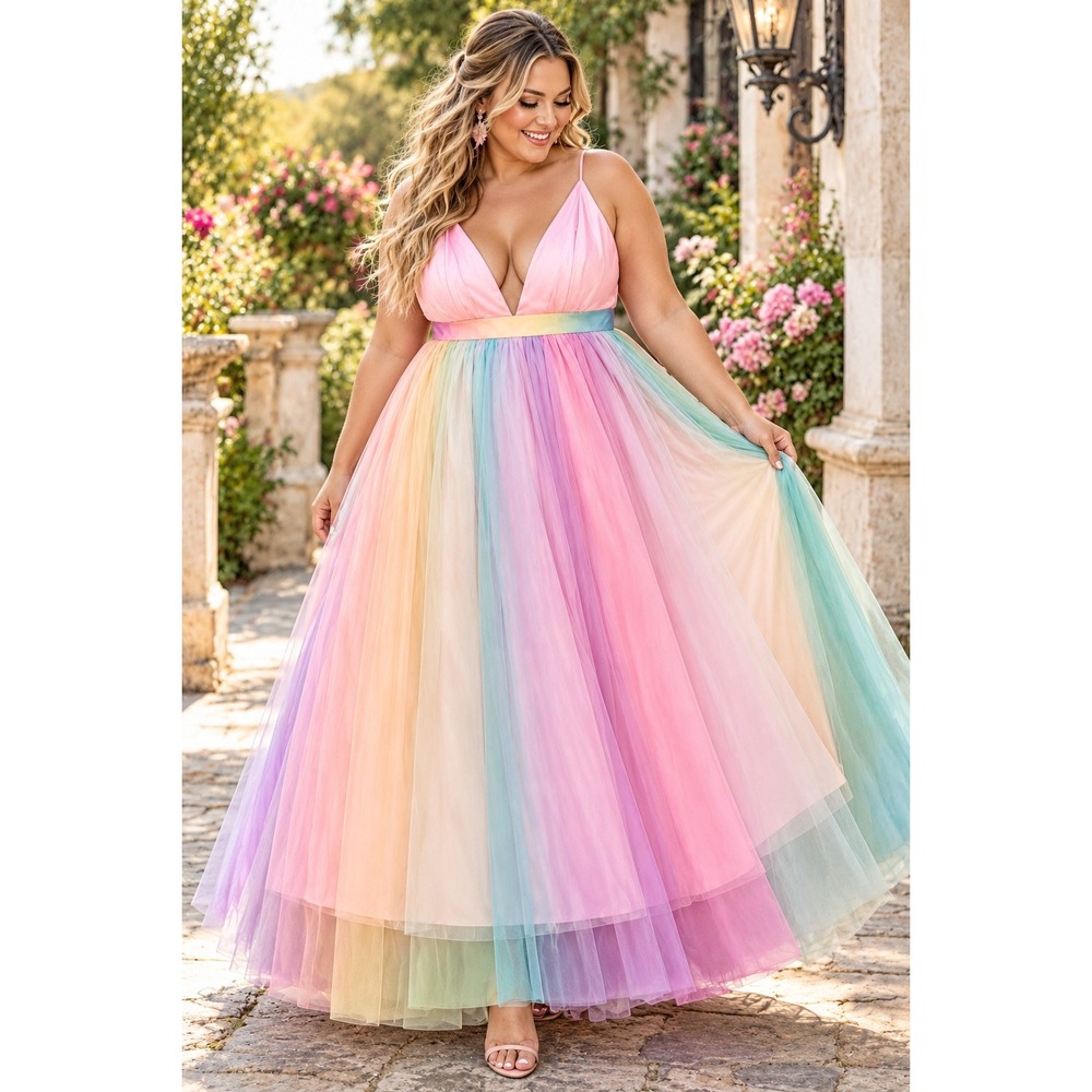 Rainbow Tulle Maxi Dress Pastel Pink V-Neck Prom Gala Gown Plus Size 2XL